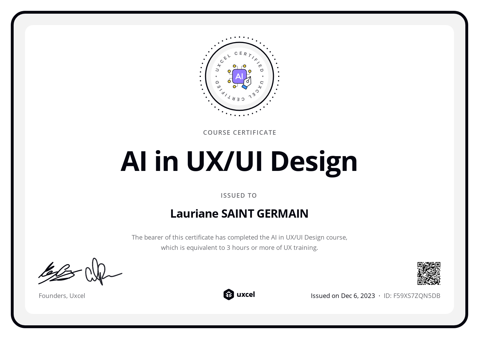 Lauriane SAINT GERMAIN's certificate
